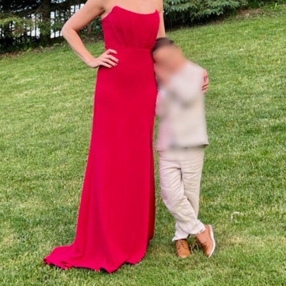 Formal Red Strapless Maxi Gown with Train and Slit - Picture 2 of 6